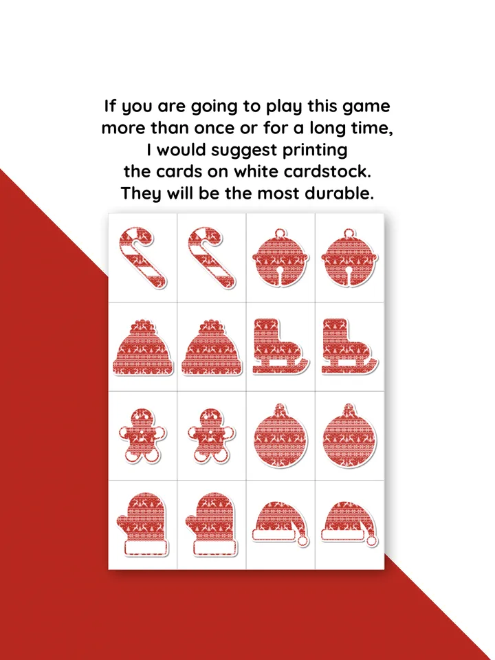 Concentration game. Matching pairs game. Memory card game. Holiday family game. Printable memory cards.Stocking stuffers
