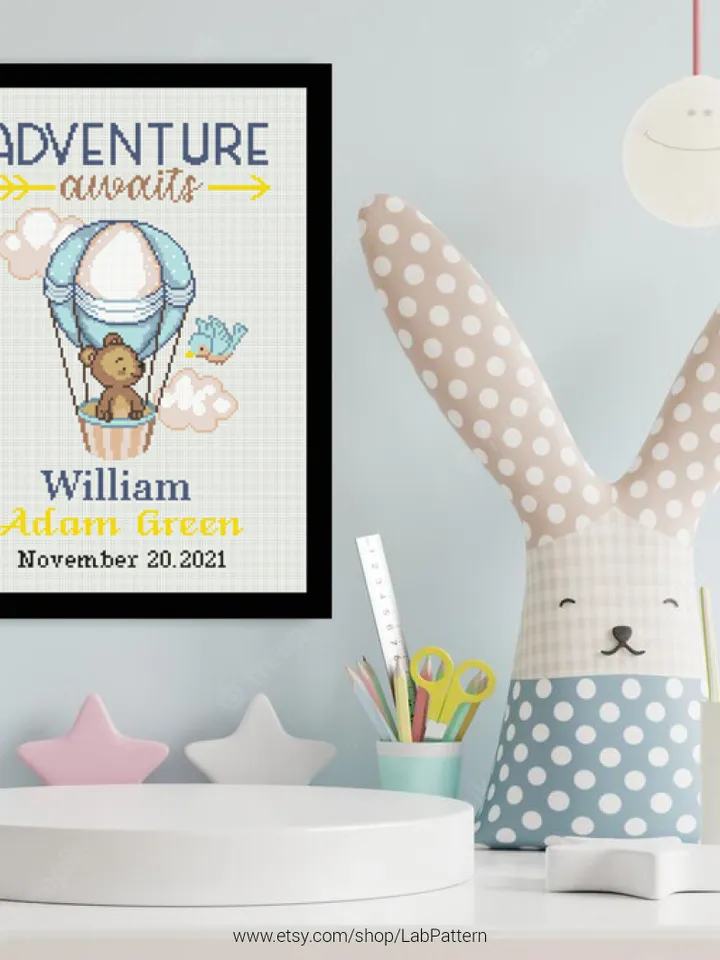 Birth announcement Bear Balloon, cross stitch pattern, baby, personalized, Adventure awaits, boy girl nursery, DIY, embroidery, instant PDF