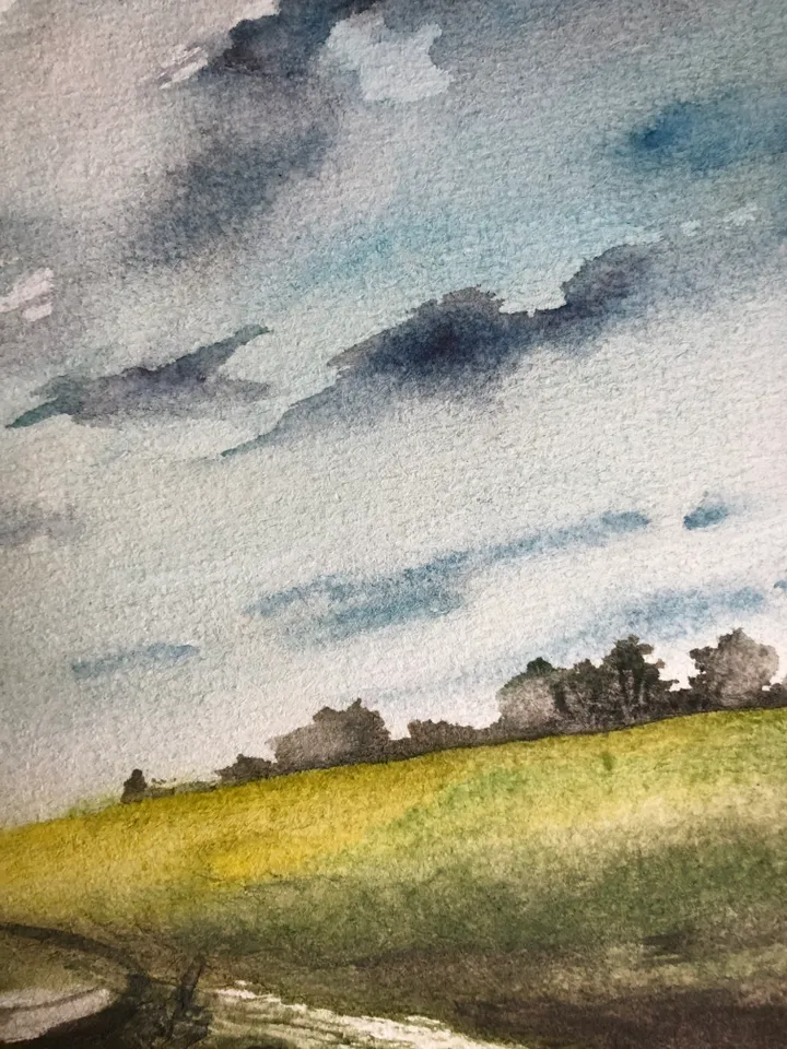 Clouds over the fields landscape original watercolour painting wall art hand painted