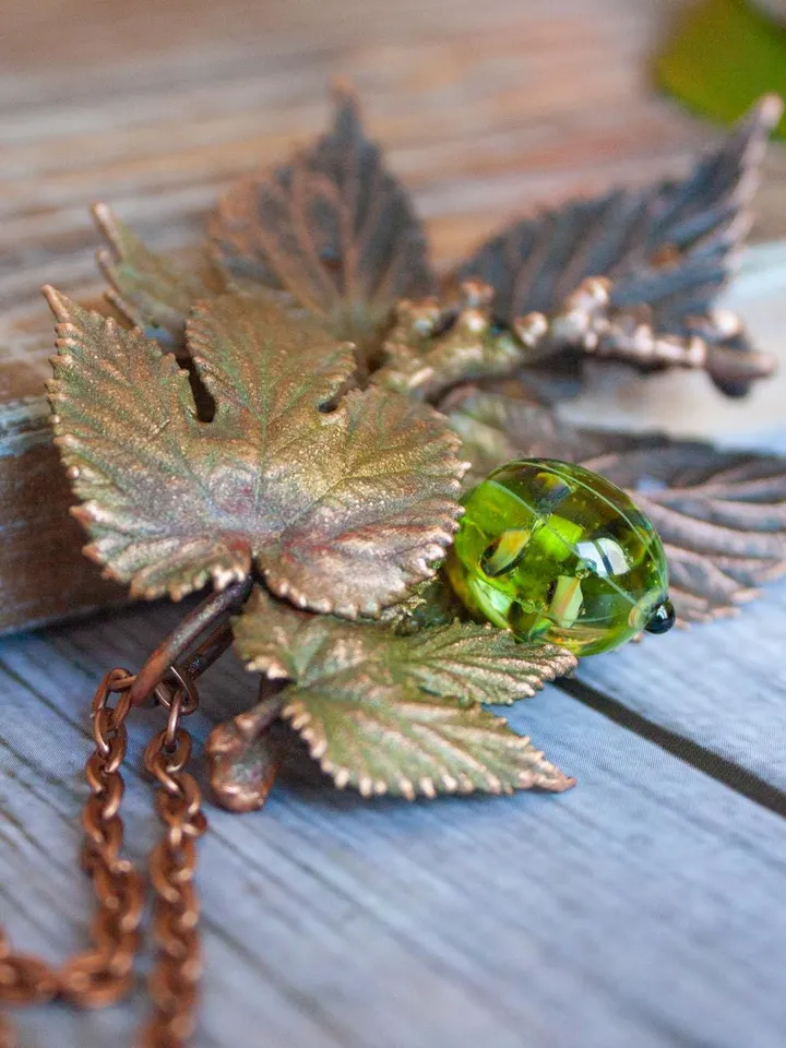 Unique handmade copper pendant made of nature leaves in a single copy, original gift