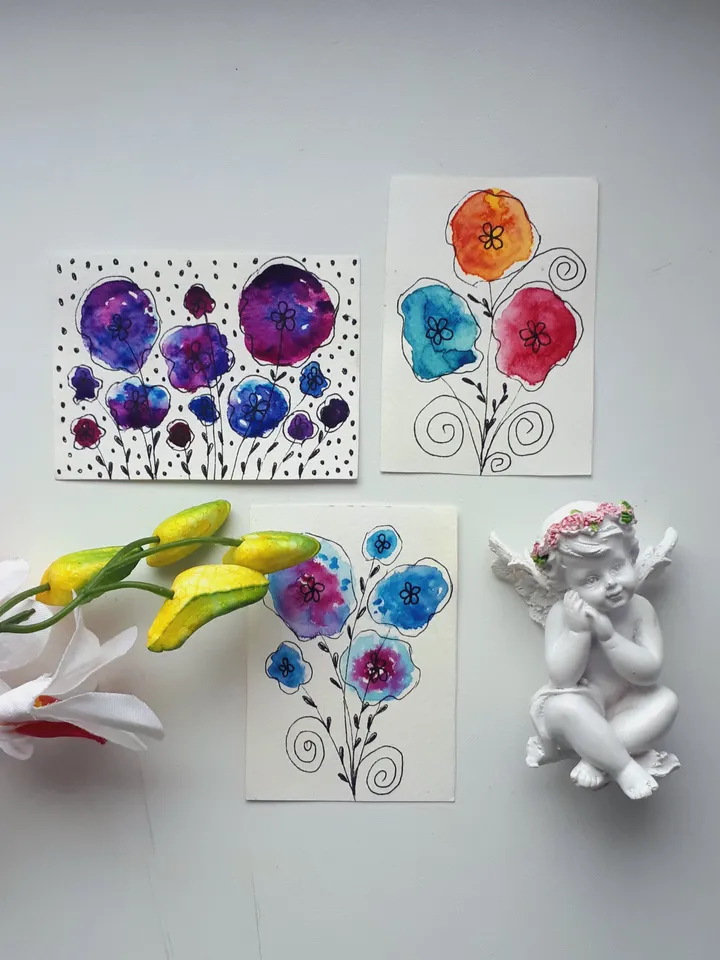 Original Three ACEO Arts Flowers Watercolor, Floral Painting Collectible
