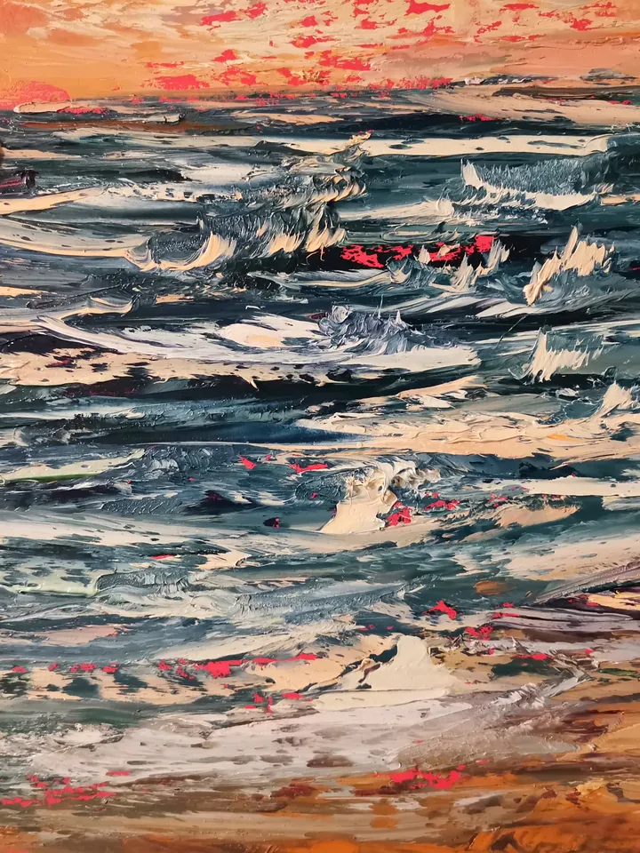 Sailboat Surfing Sea Sunset Seagulls Original Art Oil Painting Artist Svinar Oksana