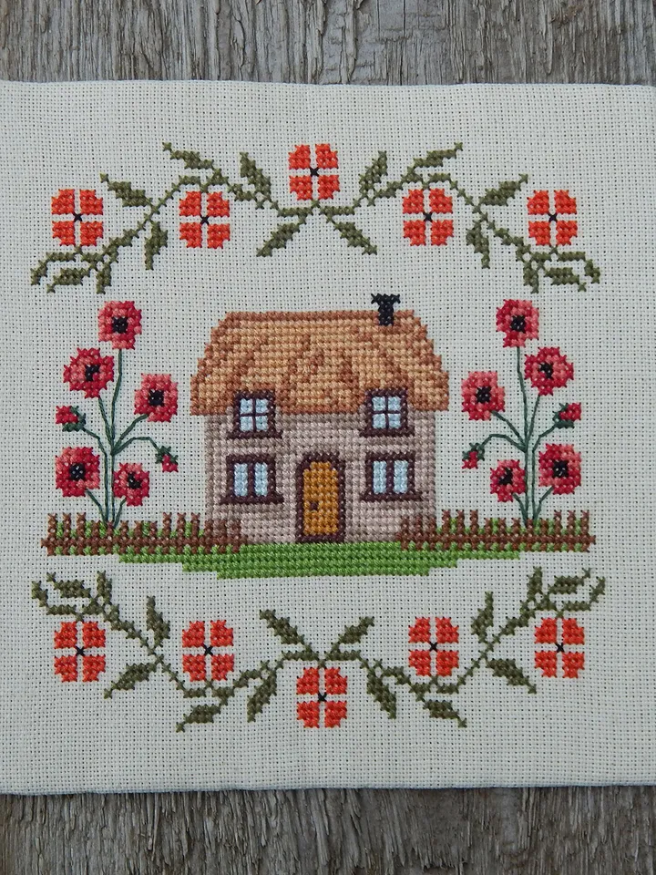 Poppy Cottage cross stitch pattern