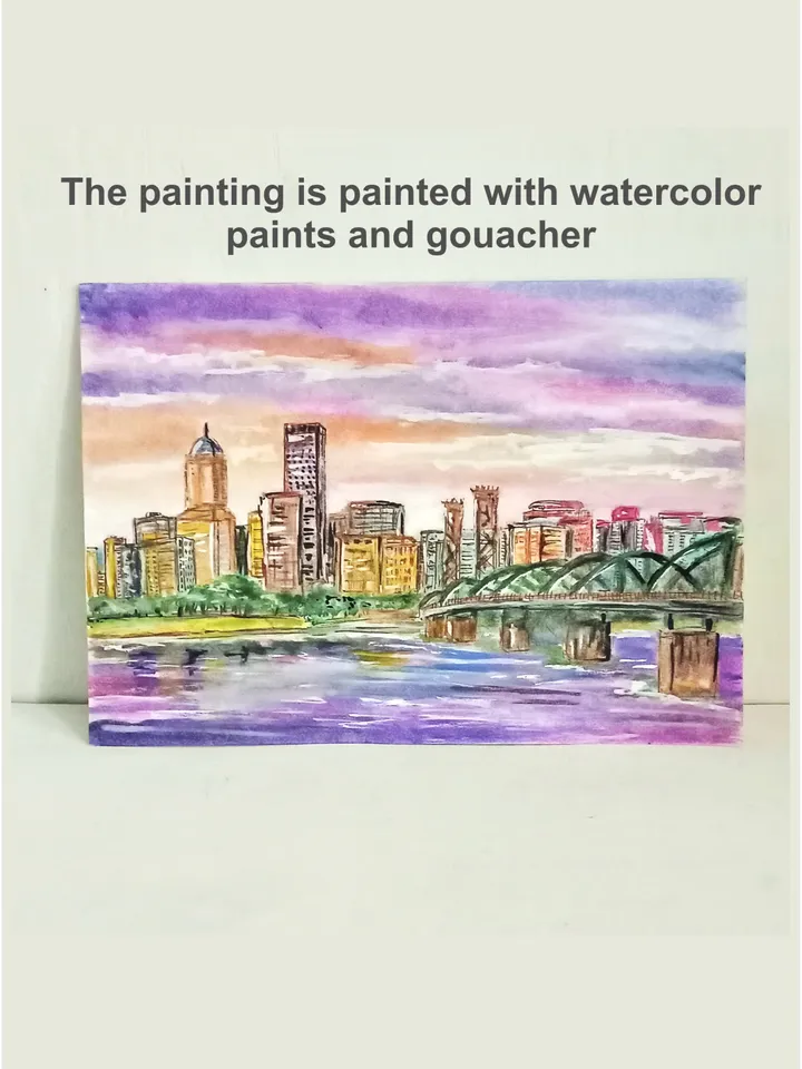 City Skyline Portland Oregon Painting Art