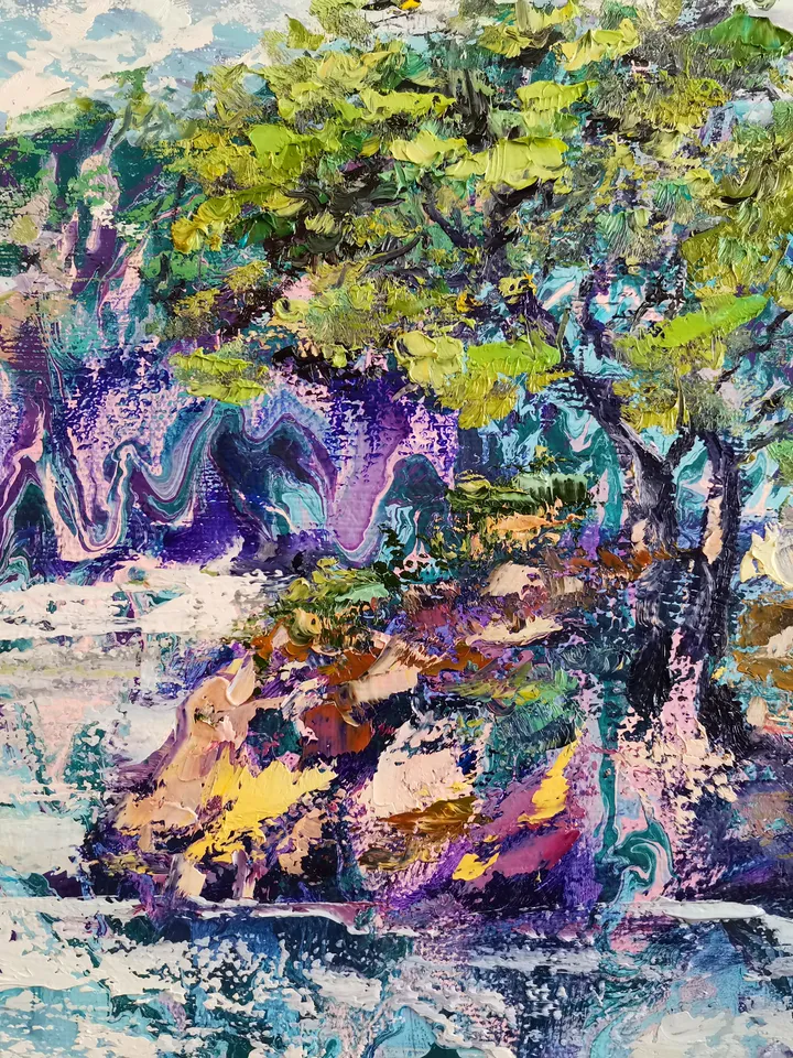 Pine Mountains River Impasto Painting Original Fine Art Artist Svinar Oksana