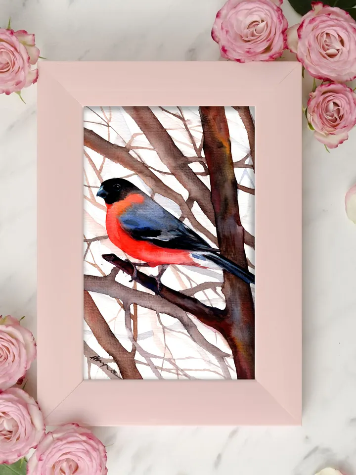 Bullfinch original watercolor, birds painting, wall decor, 7x10 in art for bird lovers by Anne Gorywine