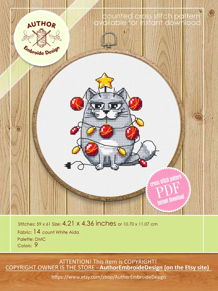 Funny Christmas cat cross stitch pattern PDF download, Small Christmas cross stitch chart, Christmas Lights Cat pattern digital PDF #N139