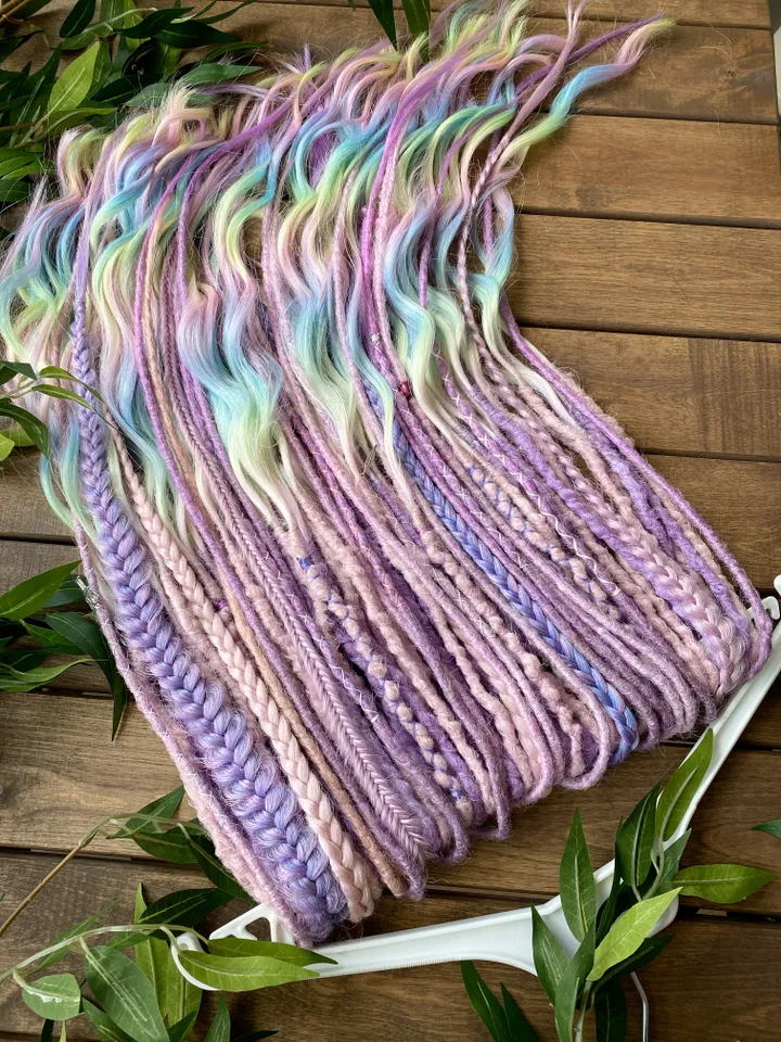 Pink purple to pastel rainbow synthetic curly De dreadlocks Ready to ship