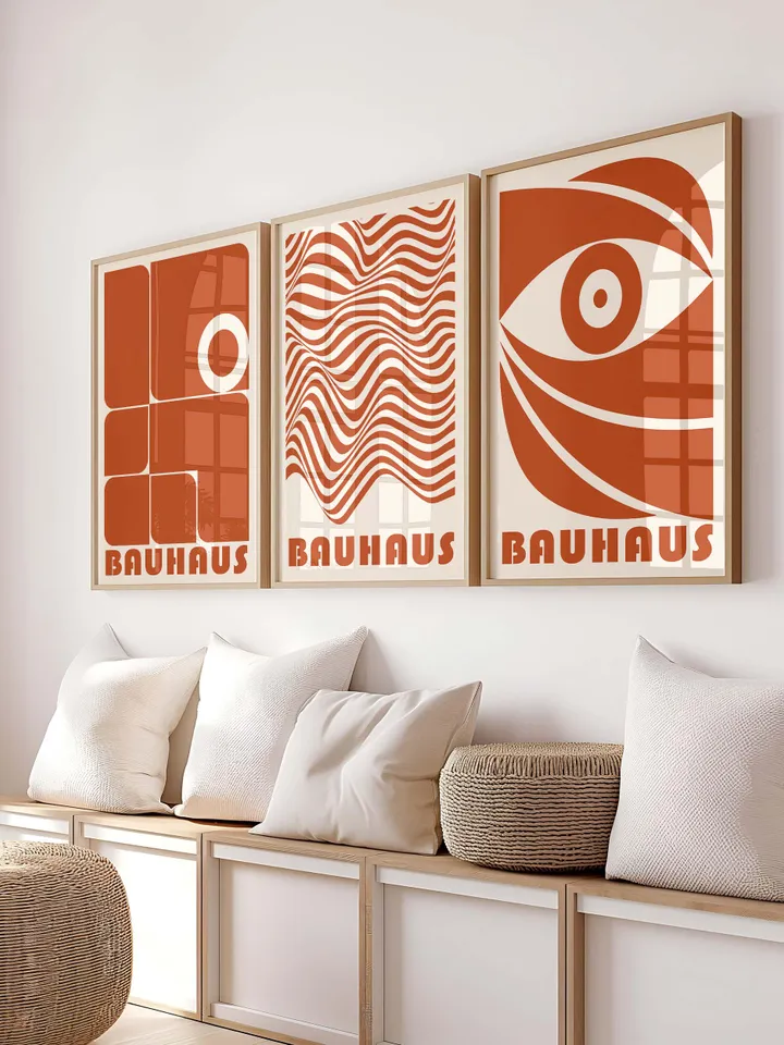 Teracotta Bauhaus Poster, Set of 3, AbstractGeometric Prints, Retro Minimalist Decor