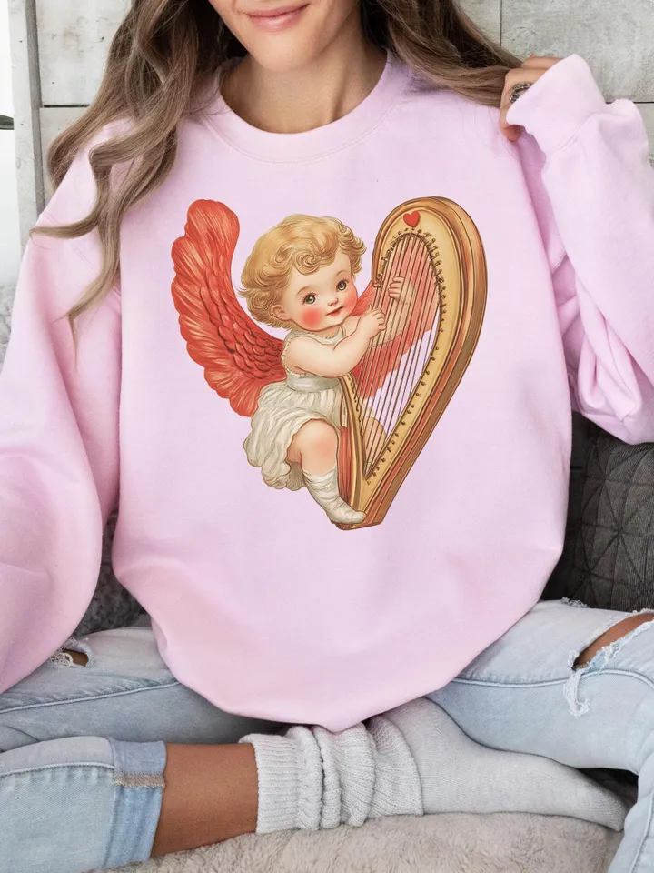 Retro Romantik Cupid Valentines Day PNG, Vintage Valentines Day png, Vintage Cupid With Harp png, Valentines Day png, Cupid png, vday shirt