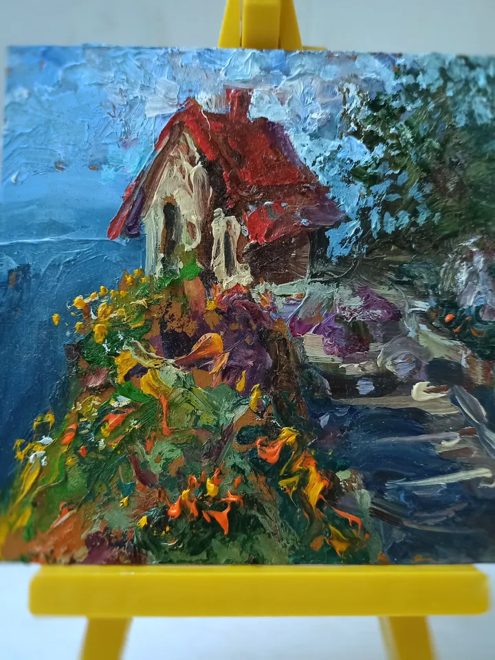 The Small House On The Ocean, oil, cardboard, 4x4" 🏡