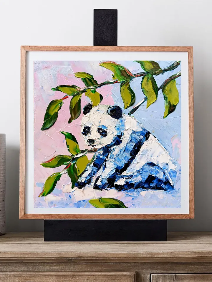 Panda Painting Panda Wall Decor Original Art Impasto Oil Painting Farm Small Artwork Gift 8x8 in by ArtProkopaloSv
