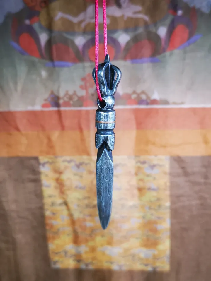 Gandhanra Handmade Tibetan Buddhist Ritual Implement - Kila -Dorje Phurba,Made of Cold Iron inlaid with Copper,3.9"