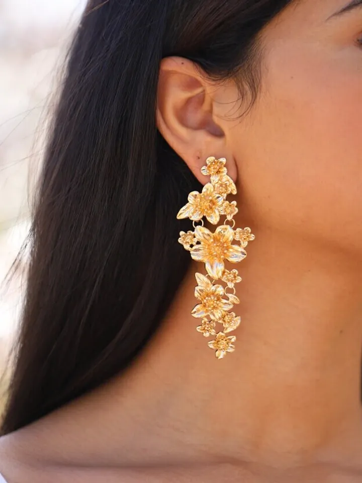 Extra Long Flower Wedding Earrings, Floral Bridal Earrings, Boho Wedding Earrings, Clip-on Bridal Earrings, Chandelier Statement Earrings