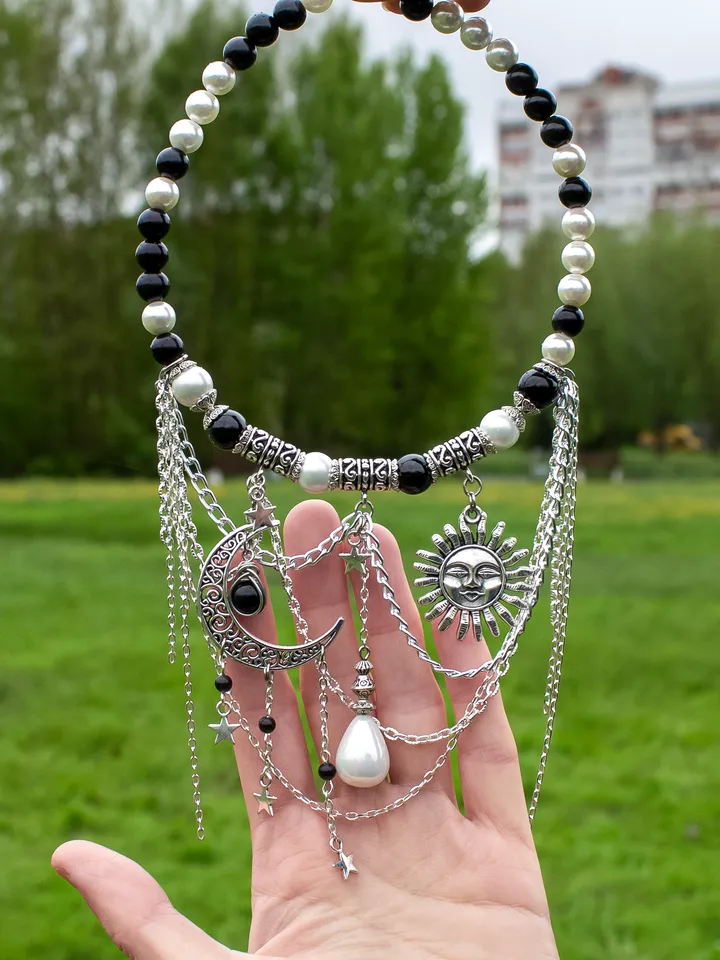 Handmade Statement Necklace with Pearls, Obsidian β Unique Celestial Jewelry