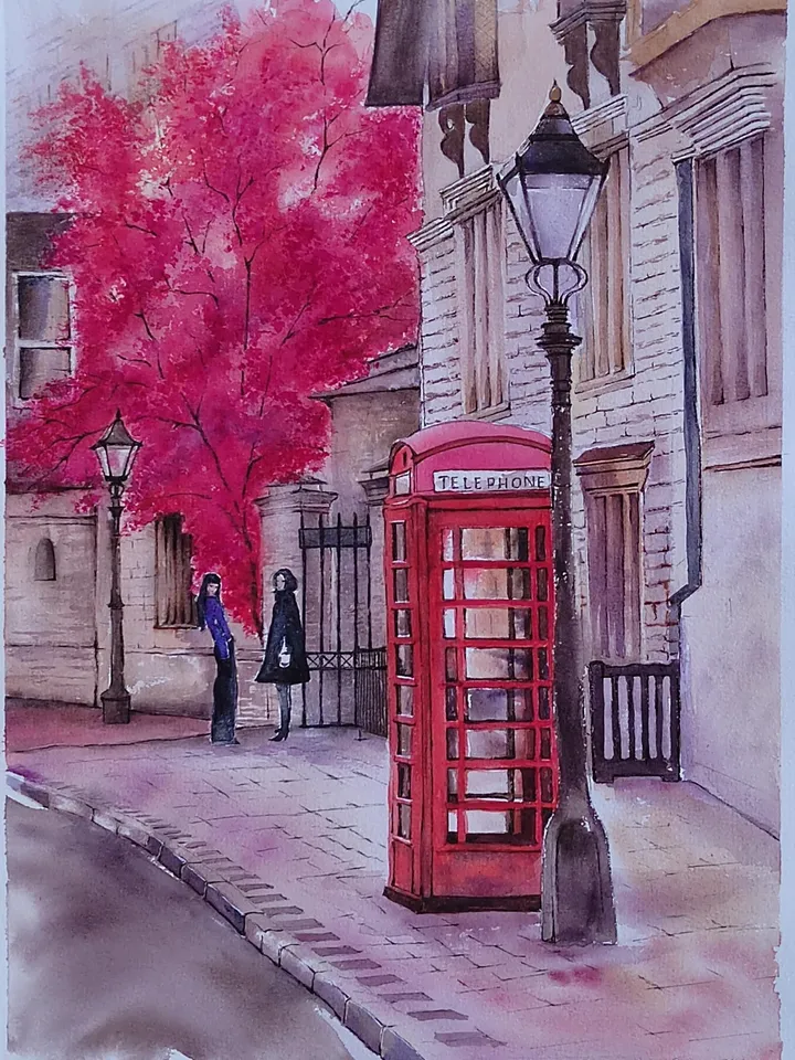 London Street Painting Urban Landscape Artwork Original Watercolor Painting Red Phone Booth Art 11.81x15.75 in by SoftWaves