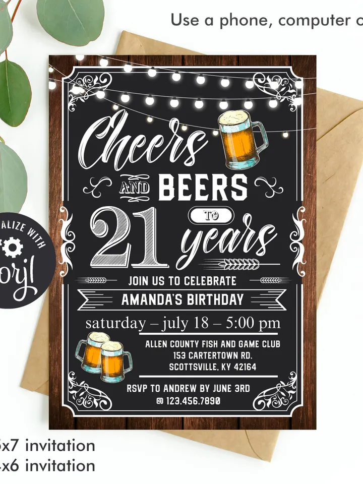 Cheers and Beers to 21 Years Invitation, 21st Birthday Invitation, Editable Adult Birthday Invitation