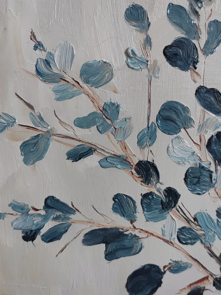 Original oil painting on canvas still life with eucalyptus