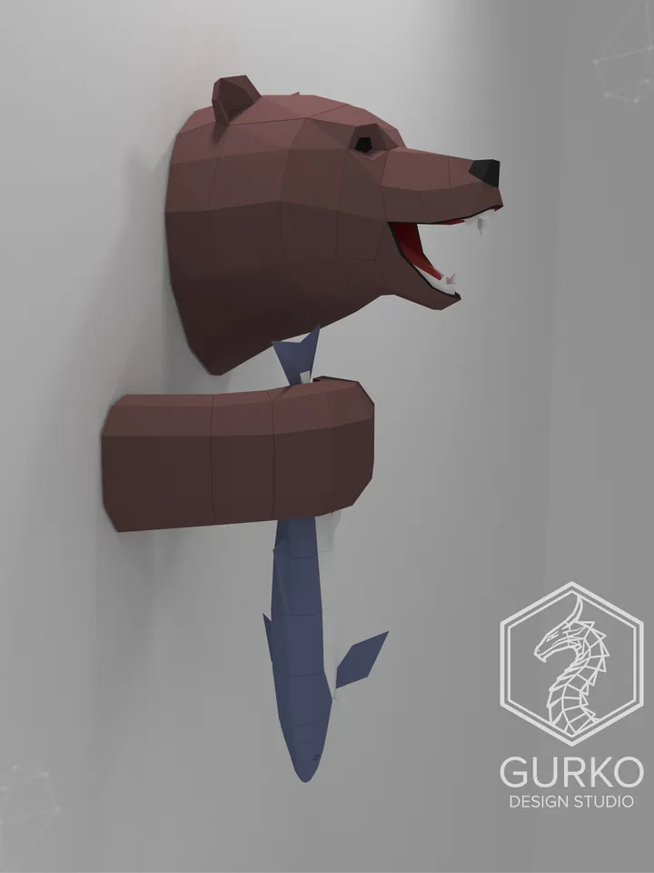 Papercraft Bear With Fish, Digital Template, PDF Download, Gurko, Trophy, 3D Low Poly, Pepakura, DIY Origami, Paper Decor, DIY Gift