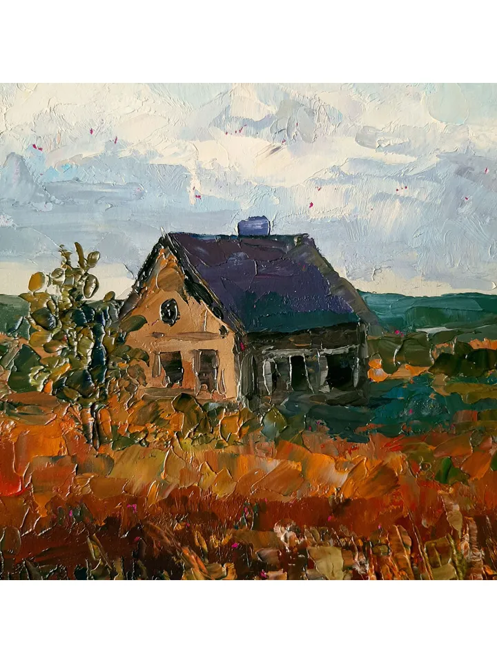 House Sunlit painting 12x8” ORIGINAL ART Evening Landscape Impressionist hand painted by artist Marina Chuchko