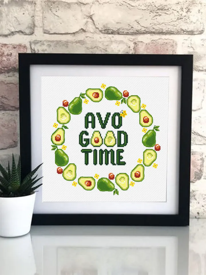 Avocado wreath cross stitch pattern download PDF Framed quote cross stitch chart, Avo good time, Funny cross stitch, DIY Home decor #Q52