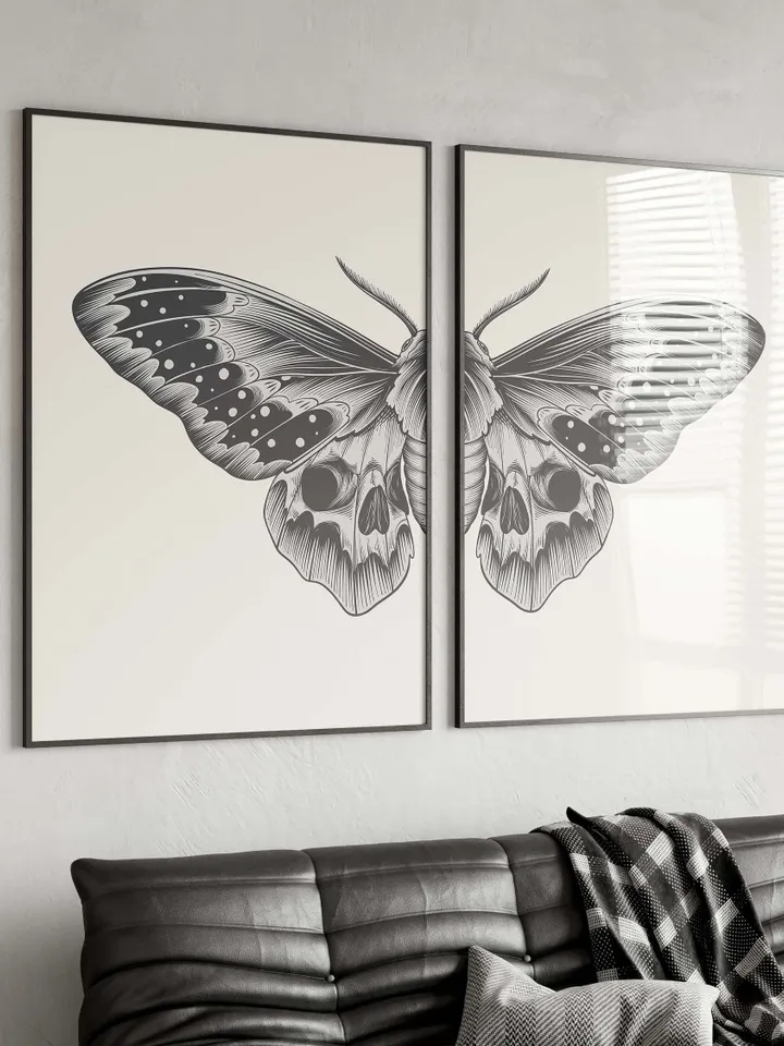 Black Sketch Butterfly Printable Wall Art Set of 2, Butterfly Print Digital Download, Split Butterfly Wings Art Print, Bedroom Wall Art