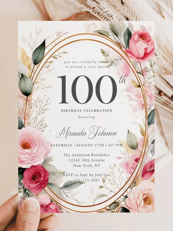 100th Birthday Invitation for Women – Blush Pink & Gold Floral, Elegant Printable Party Invite for Grandma or Mom, Digital Canva Template