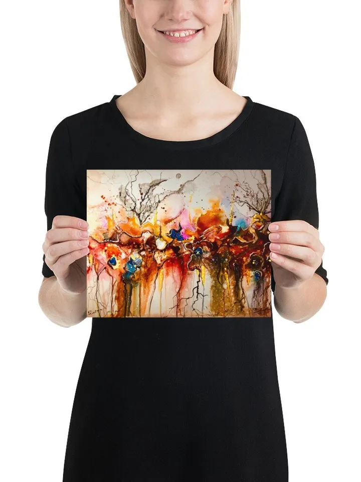 Photo paper poster from my original mix media artwork on yupo paper,colourful floral fantasy wall decoration,unique gift.