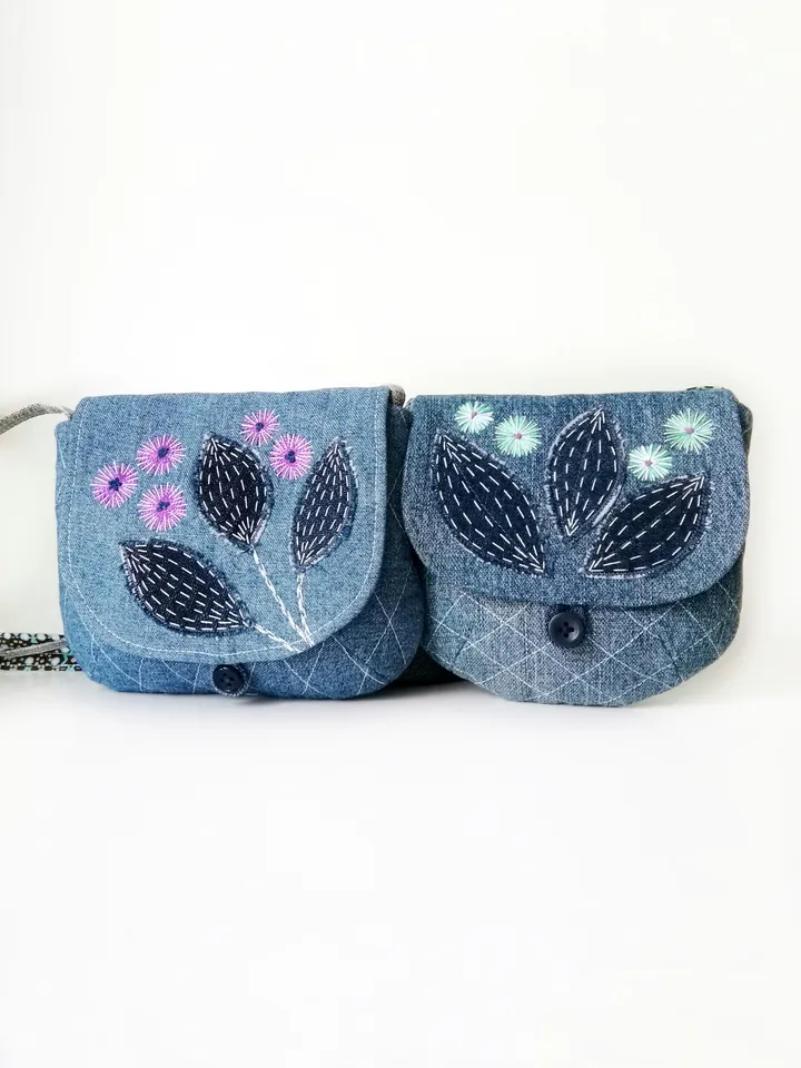 Handcrafted Mini Embroidered Denim Crossbody Purses for Women: Small Shoulder Bags, Cross Body Handbags - Unique Handmade. FREE SHIPPING!