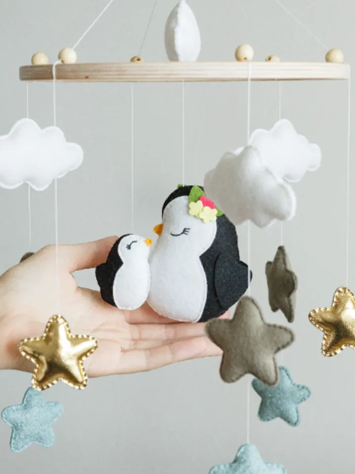 Handcrafted Penguin and Stars Themed Felt Baby Mobile - Customizable Nursery Decor
