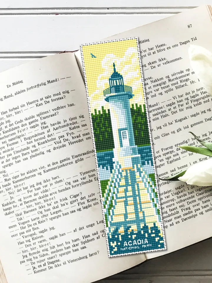 Acadia National park bookmark cross stitch pattern PDF download Nature cross stitch chart, Digital bookmark pattern PDF, Lighthouse #B176