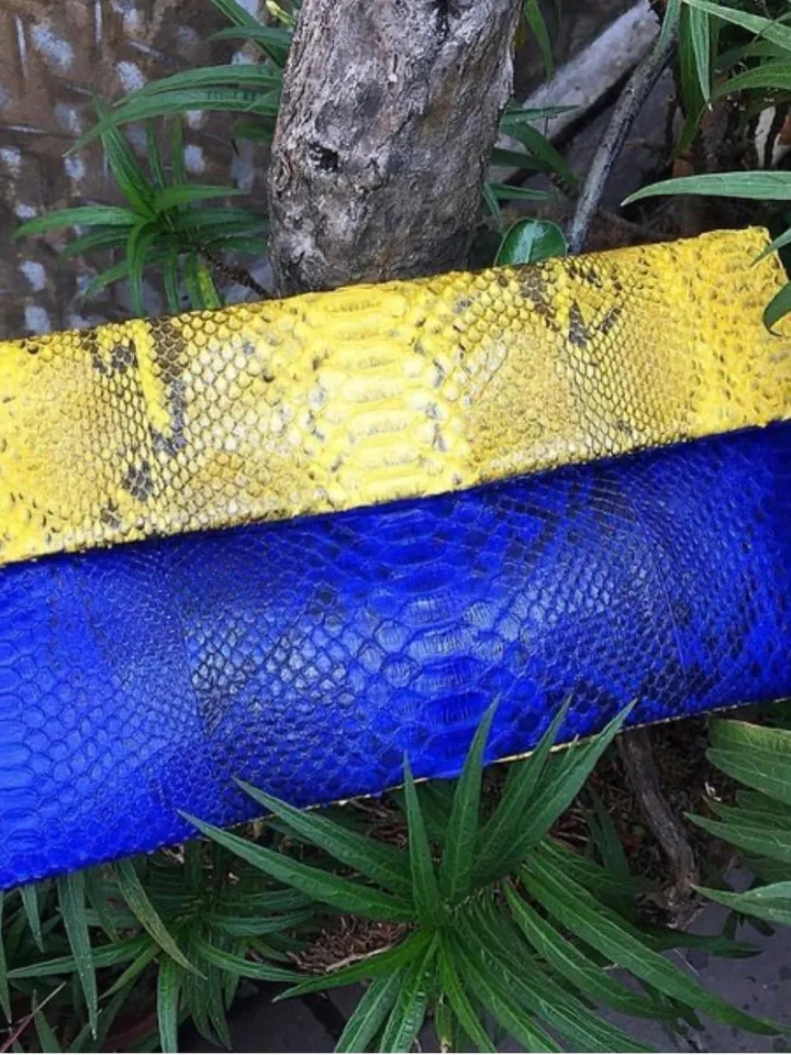 Genuine python skin blue and yellow colorblock handmade clutch, classy elegant leather envelope bag, purse free shipping, flat snake clutch