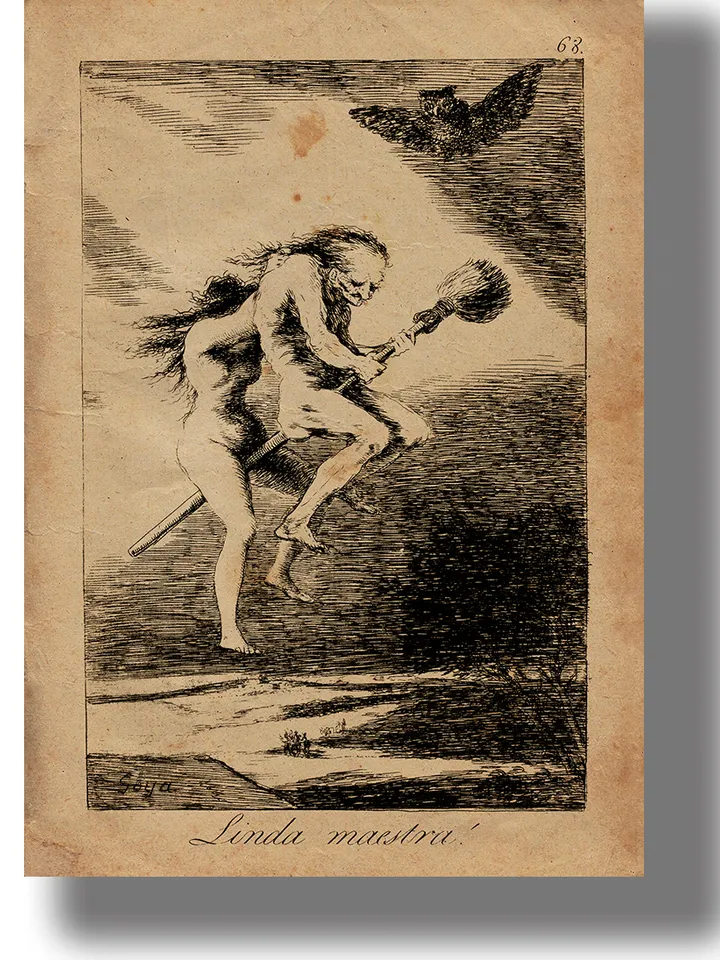 Nice teacher. Linda maestra. Two witches fly to the Sabbath on a broomstick.