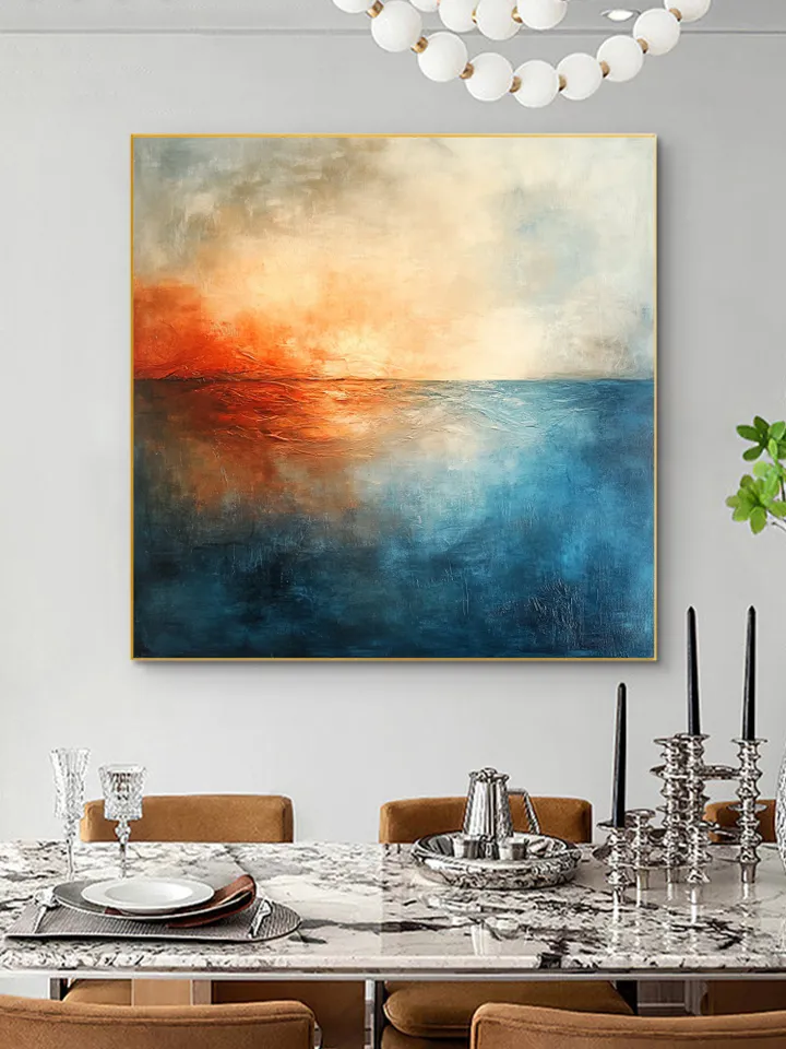 Hand-Painted Abstract Oil Painting | Modern Ocean Sunset Wall Art | Vibrant Orange and Blue Canvas Decor for Living Room and Office