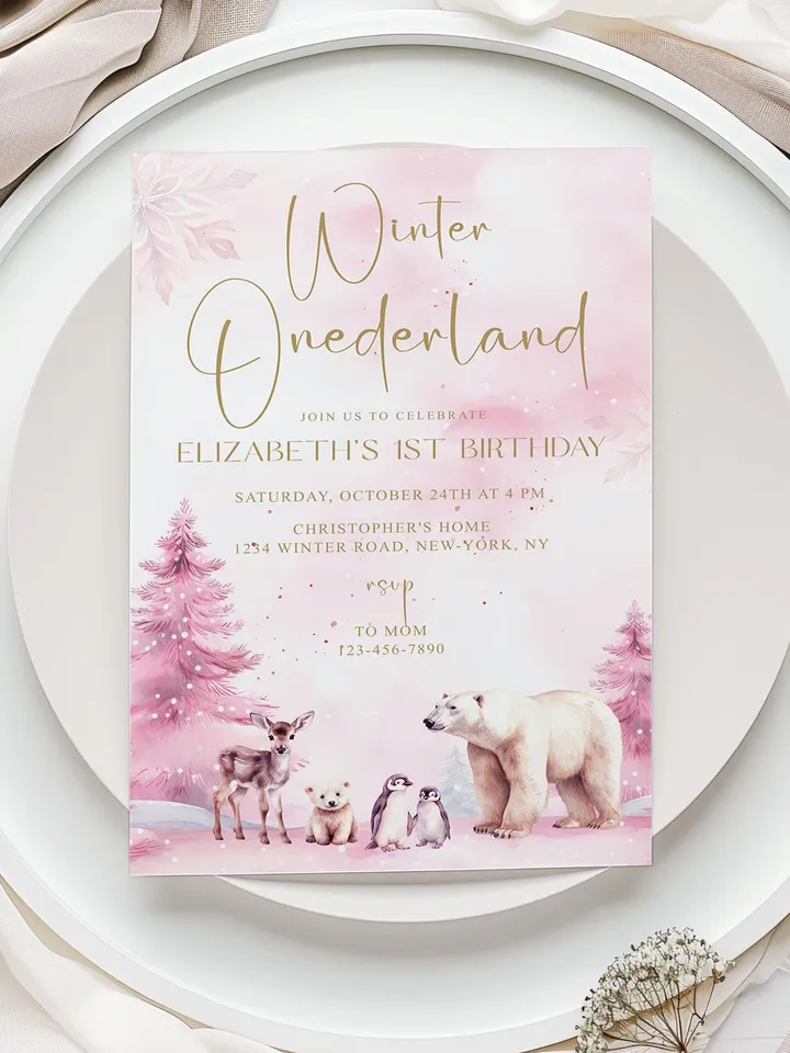Winter Onederland Birthday Girl Invitations, Editable Pink Winter 1st Birthday Invite Template, Pink Christmas First Birthday Party - I123