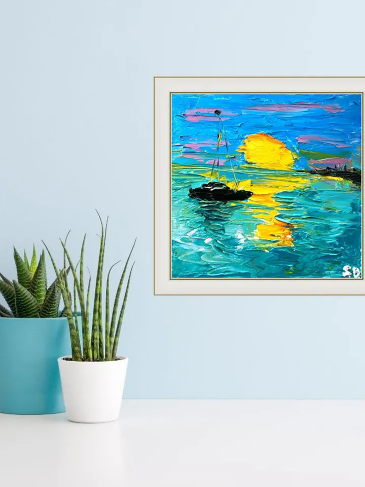 Sunset Sea Boat Original Art by SerjBond