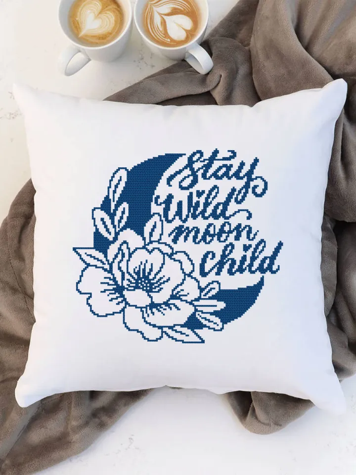 Floral moon cross stitch pattern PDF download Stay wild moon child cross stitch chart, Moon pattern digital PDF, Crescent moon decor #Q51