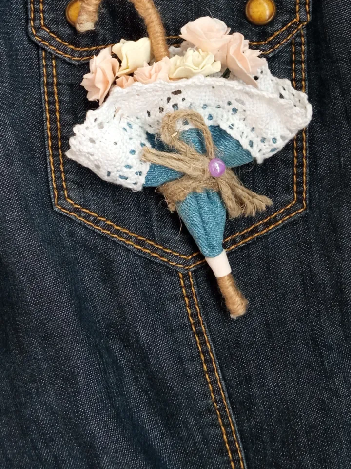 Denim umbrella brooch on pin/ handmade jeans brooch/ textile jewellery/women's accessories/jeans jewellery/gift for her