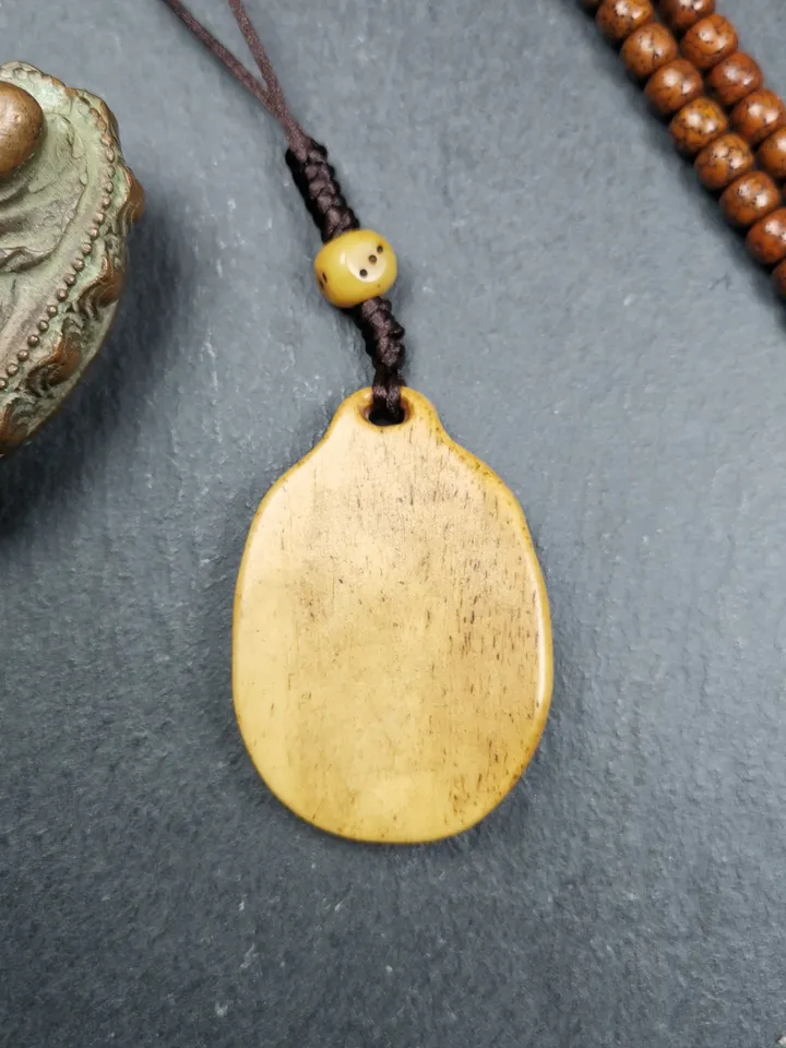 Gandhanra Antique Tibetan Buddhist Calendar Amulet,Yak Bone Carved Melong Mirror,SIPAHO(srid pa ho) Badge,1.46 inches, 20 Years Old