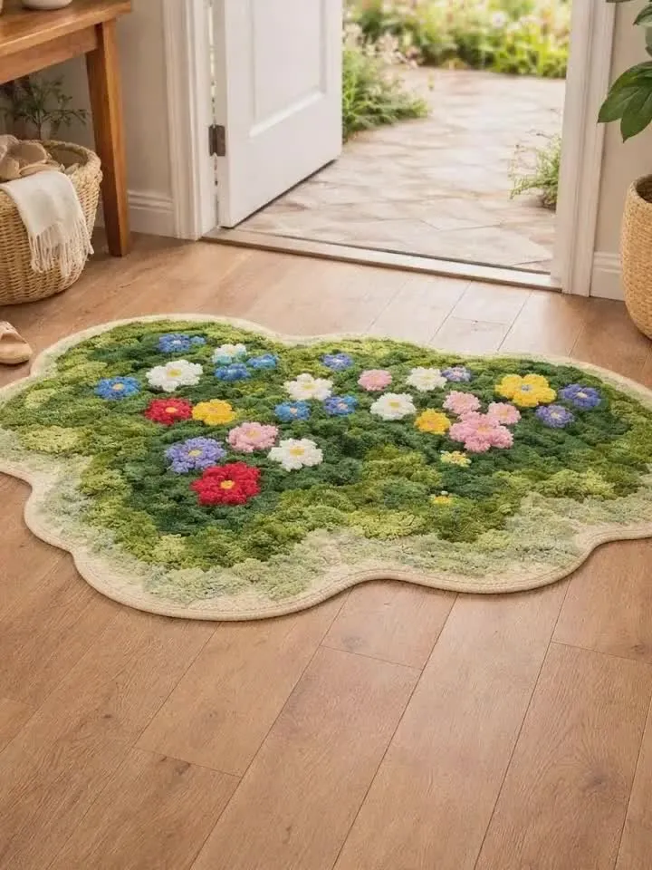 Moss Garden Floral Door Rug with 3D Flowers, Organic Shape