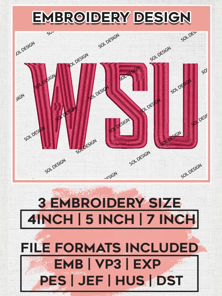 NCAA WSU Football Team Logo Embroidery Design Files, NCAA Washington State Cougars Machine Embroidery, NCAA Teams, Game Day, 3 sizes, NCAA Machine embroidery designs, Digital Download