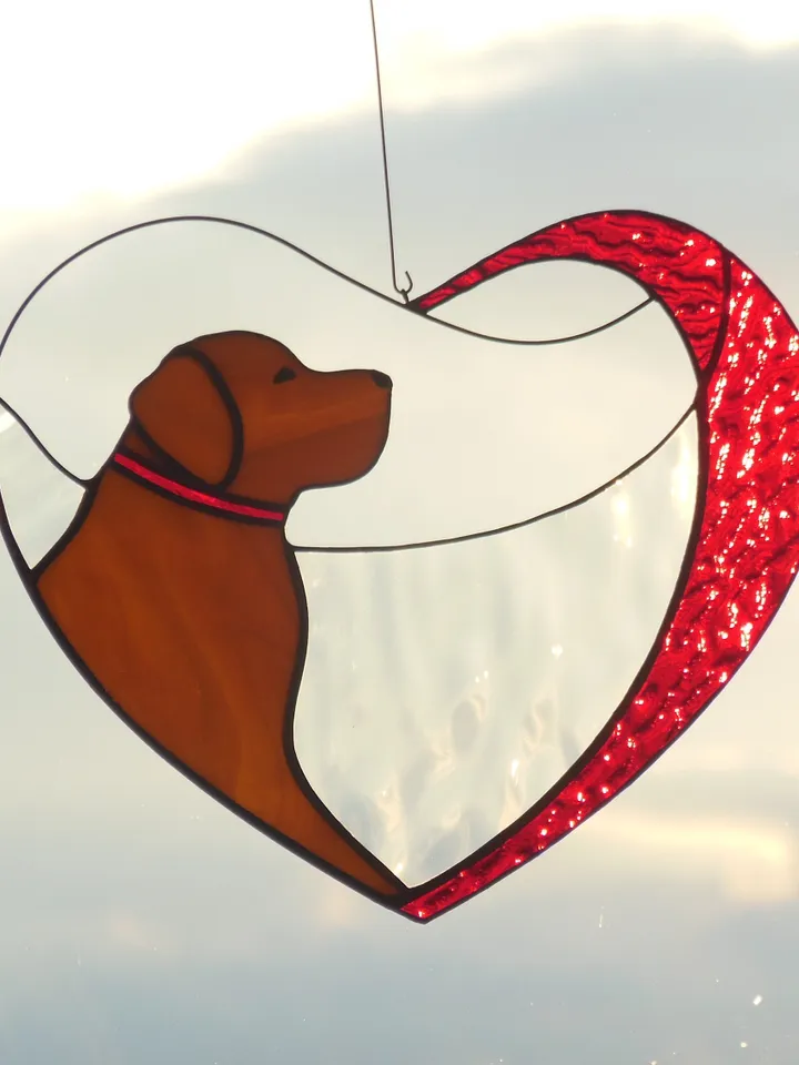 Dog Golden Retriever Labrador in Red Heart . Art Stained glass window hanging Suncatcher , Gift for animal lover , pet loss memorial