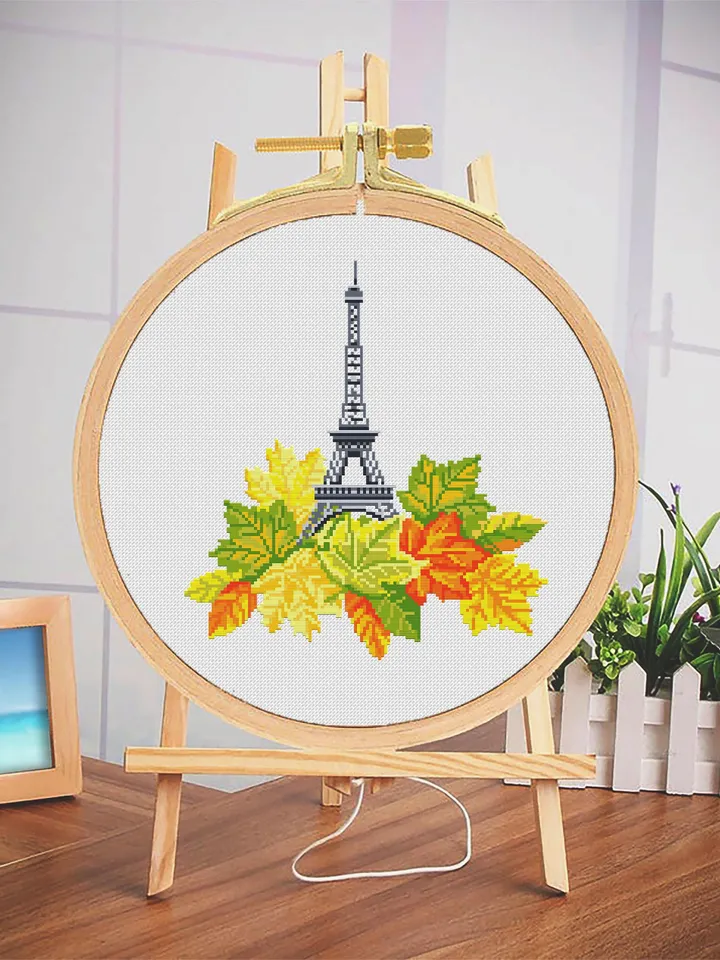 Eiffel Tower cross stitch pattern PDF download Fall cross stitch Maple leaf cross stitch chart Modern France embroidery Paris decor #E2