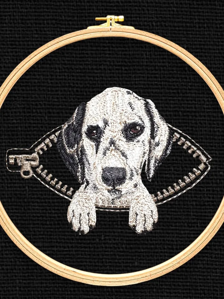 Dolmatian in a zipper pocket Miniature realistic machine embroidery design Pet dog realistic pattern puppy embroidery motif