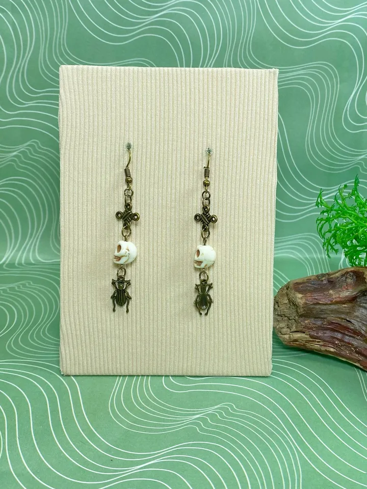 Earrings with skulls and beetles. Handmade bronze earrings.