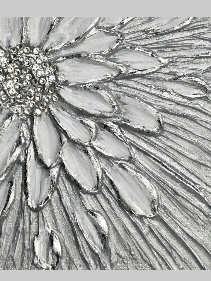 Silver Daisy Textured Flower artwork Original Painting Floral Wall Art Modern Wall Decor with Crystals