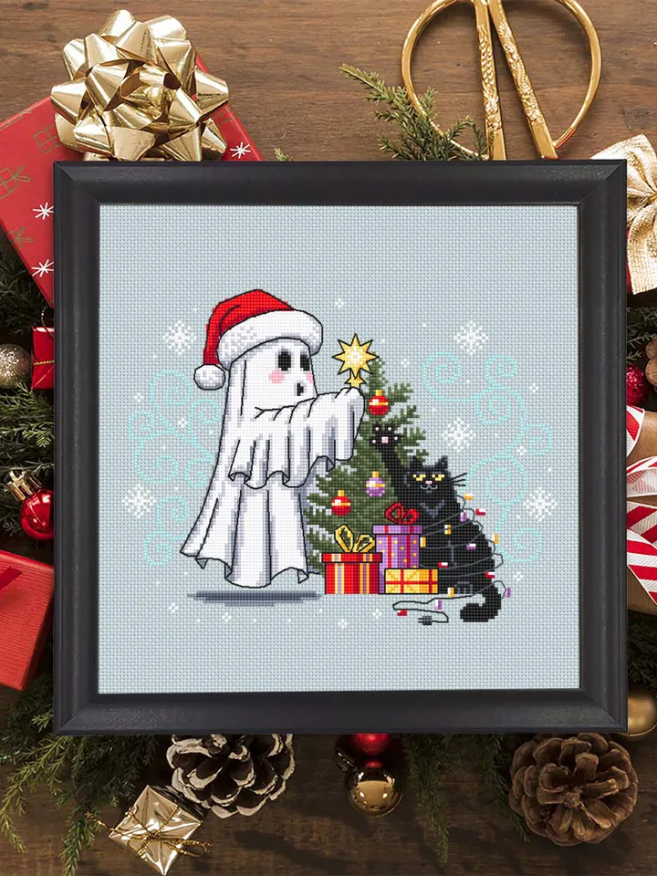 Christmas ghost with black cat cross stitch pattern PDF download Cute ghost cross stitch chart, Christmas pattern digital PDF #N147
