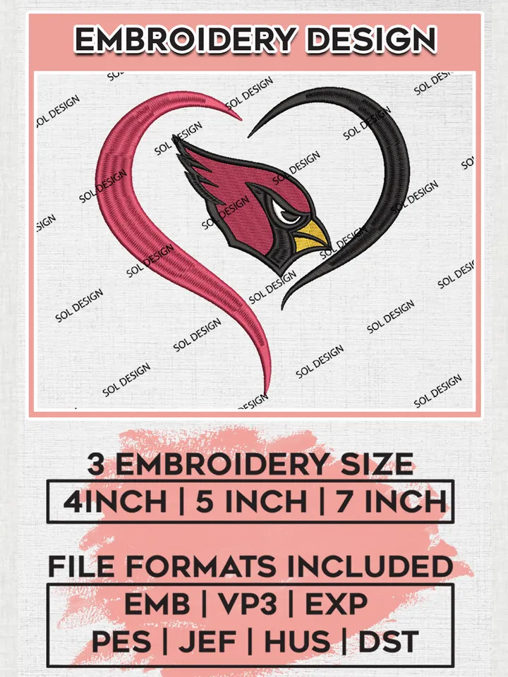 Arizona Cardinals Heart Embroidery Designs, NFL Cardinals, NFL Embroidery Designs, NFL Arizona Cardinals Machine Embroidery Design, Digital Download
