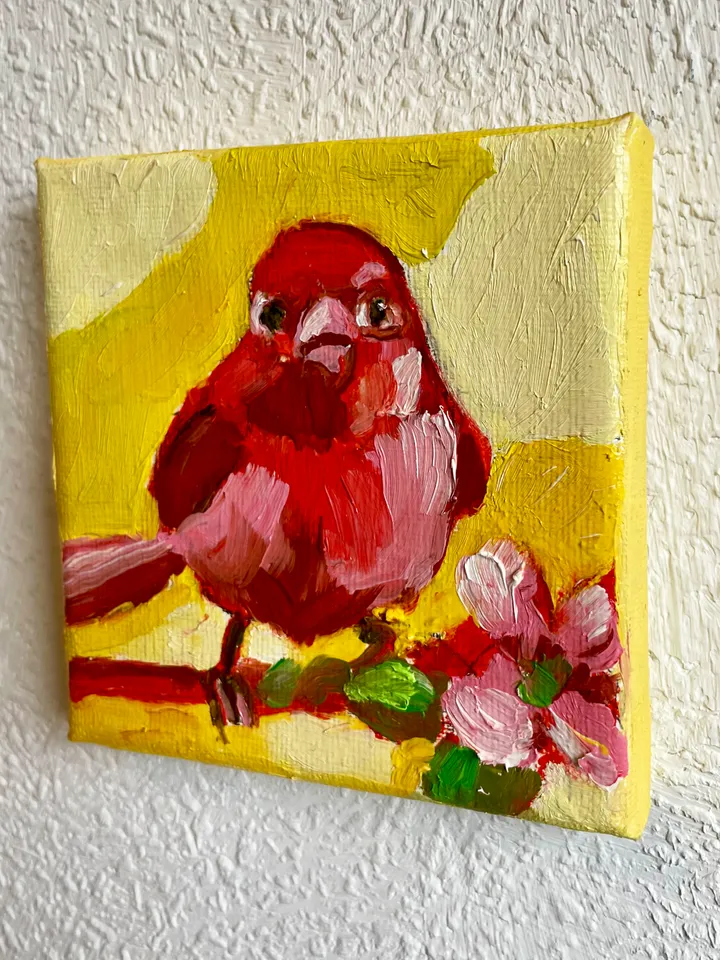 Red Summer Tanager Painting, Bird Original oil Painting on Canvas, Wildlife Art, Miniature Artwork 4"x 4"