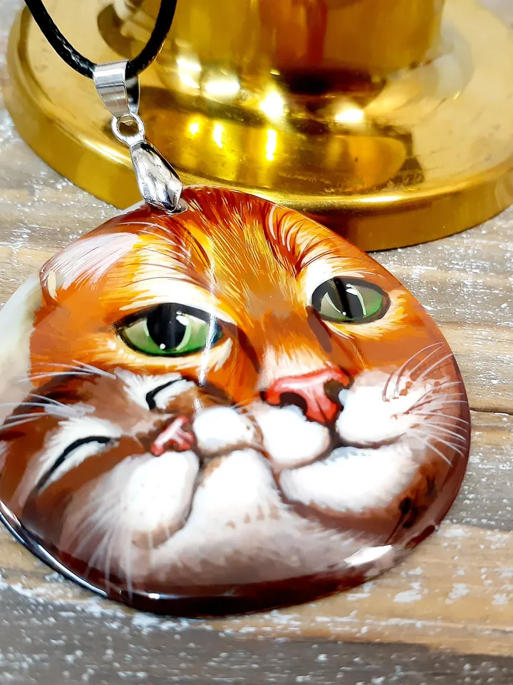 Beautiful Pendant"Cat and kitten" Hand-painted,Russian jewelry,Art gift,Mother-of-pearl hand-painted,Miniature painting, Art Gift